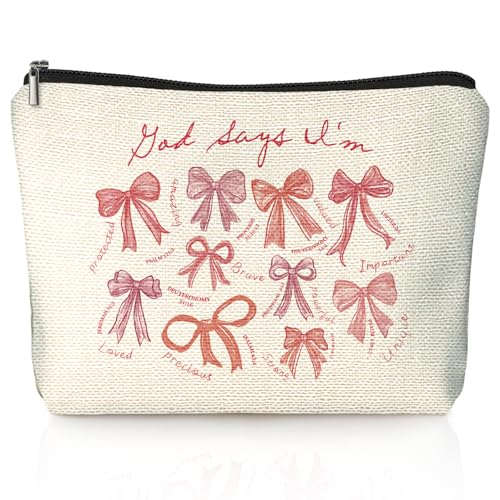 God Says I Am Pink Bow Christian Makeup Bag, Coquette Pink Bow Preppy Cosmetic Bags for Women, Inspirational Christian Gifts for Women, Girly Aesthetic Zipper Makeup Pouch - color: 01-God Says I Am - Pink Bow