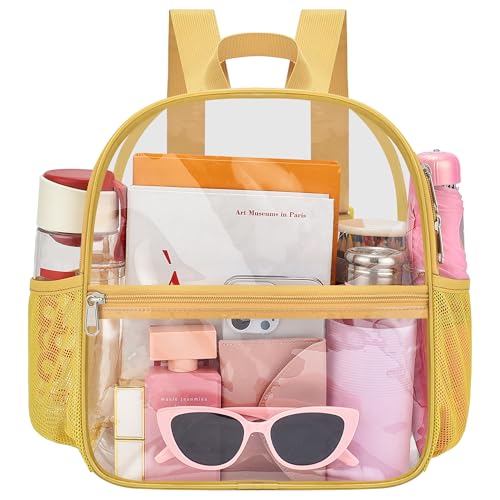 Oraben Clear Backpack Stadium Approved, 12 x 6 x 11 in, Small Transparent Backpack for Concerts, Sports Events, Festivals, Travel, Waterproof PVC, Adjustable Straps, Women Men - color: Gold, style: Nylon Shoulder Straps