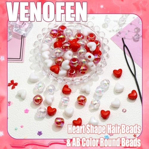 60PCS Red Heart Hair Beads White Clear Round Beads Kids Girls Valentine's Day Loc Jewelry Dreadlock Bead Cute Acrylic Pony Bead Hair Accessories - color: Red&White