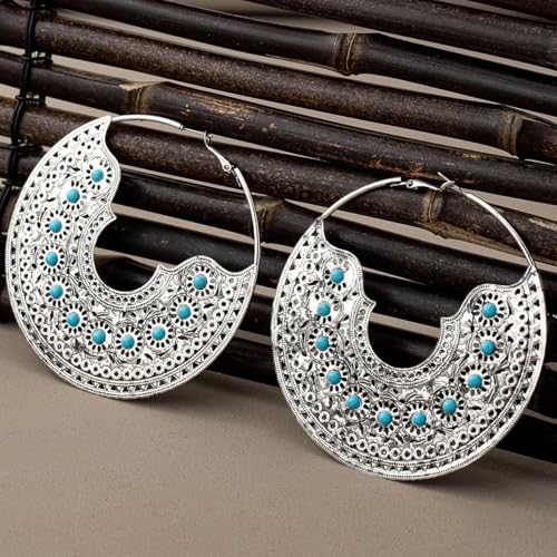 Chunky Metal Hoop Earrings for Women Vintage Bohemian Large Circle Earrings Gold Silver Textured Statement Earrings Trendy 80/90s Earring Oversized Big Dangle Earring Christmas Birthday Party Prom Banquet Costume Jewelry - color: Silver