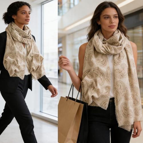 Women Paisley Soft Scarf Spring Thin Scarves Winter Western Scarves Shawl Fall Boho Scarf Wraps 25W with 75L in - color: Paisly-beige