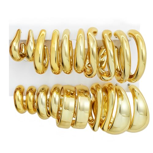 12 Pairs Chunky Gold Hoop Earrings for Women Trendy, Gold Plated Lightweight Hypoallergenic Stack, Thick Open Twisted Huggie Hoops Earring Set - color: 10 Pairs Gold Dainty