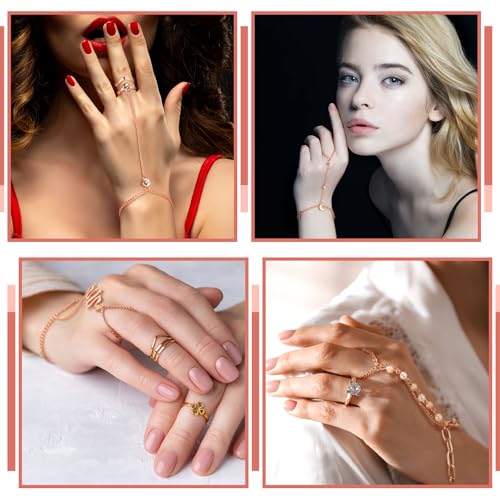 Fumete 6 pcs Finger Ring Bracelet Linked Rhinestone Hand Harness Chain Slave Bracelet with Ring Everyday Jewelry for Women - color: Rose Gold, style: Classic