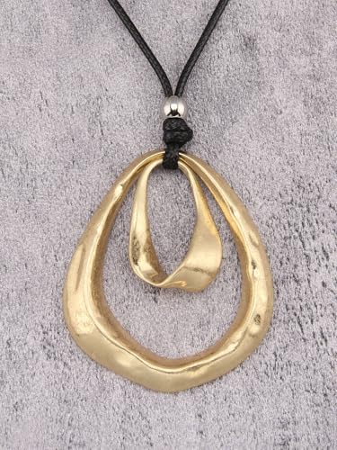 Kelake Leather Necklace for Women Men Teen Vinatge Boho Alloy Pendant Choker Jewelry Fashion Sweater Necklaces with Adjustable Genuine Leather Chain - color: Gold Pear-shaped Double Circles Pendant