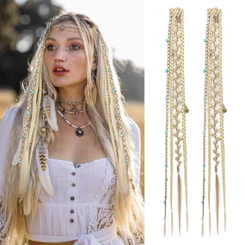 REECHO Clip in Braid Hair Extensions for Women, 20" Boho Dreadlock Clip in Braids with Beads & Charms, 2PCS Handmade Synthetic Braided Hairpieces for Cosplay Daily Styling, Light Blonde - color: Light Blonde, size: 20 Inch