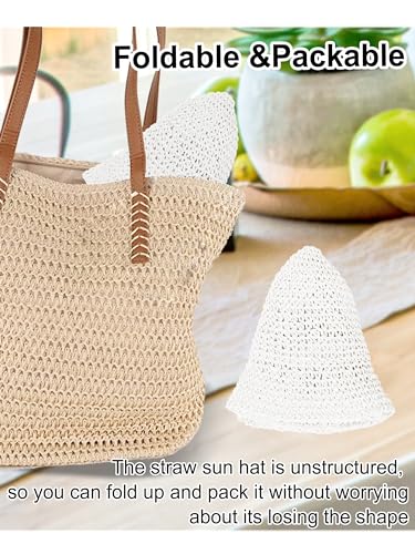 Womens Sun Hat Handmade Straw Bucket UV Protection Travel Summer Beach Cap - color: White