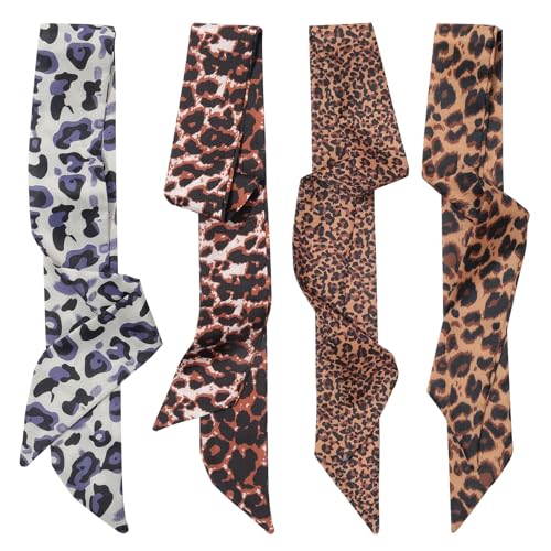 CHLINS 4PCS Satin Head Scarf for Women, Neck Hair Purse Handbag Accessory Fashion Versatile Thin Long Strip Scarf - color: Leopard Print