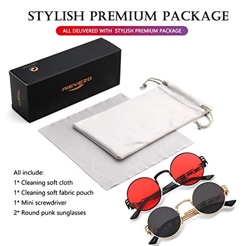 AIEYEZO Round Steampunk Sunglasses for Men Women Retro Circle Hippie Glasses Metal Frame 100% UV Blocking Lens - color: 2 Pack (Black/Red, Gold/Grey)
