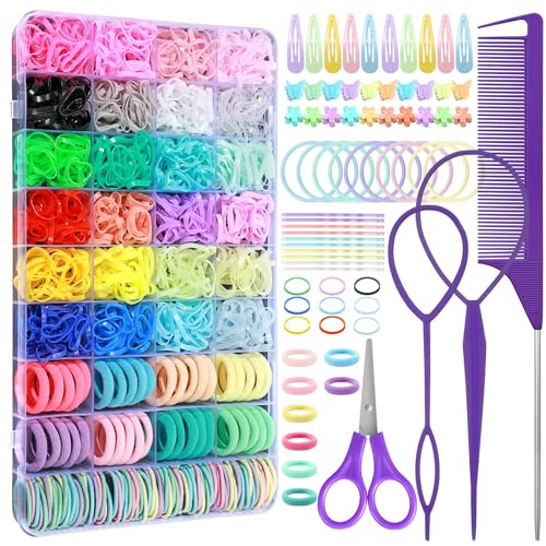 Auroray Hair Accessories for Girls, 1784 Pcs Elastic Ties Set 24 Color Rubber Bands With Organizer Box Cotton Baby Ties Styling Tool Set Clips Elastic Cutter Scissor