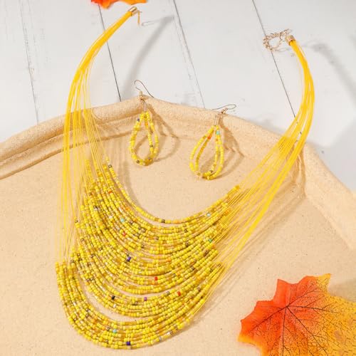 Bohemian Colorful Beaded Earrings Necklace Geometric Teardrop Dangle Earrings Multi-layered Stackable Choker Necklaces Boho Seed Bead Chain Statement Beach Party Accessories - color: Yellow