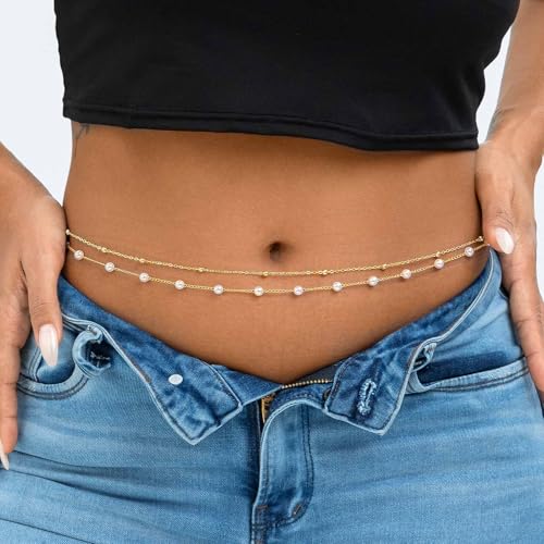 Layered Beads Waist Chain Gold/Silver Sun Belly Chain Bikini Body Chain Women Adjustable Beach Waist Jewelry Accessories - size: Large, style: Gold Pearl