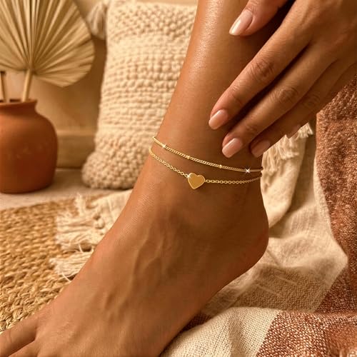 VIROMY Gold Ankle Bracelets for Women - Layered Anklets for Women Waterproof Beach Jewelry Gifts - color: Anklet E-Gold