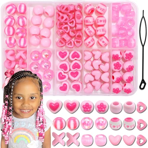 NAISKA 100PCS Pink Hair Beads Multiple Pony Beads for Braids Heart Loc Dreadlock Bead Flower Bead Set Cute Braids Accessories for Kids Girls - color: Pink