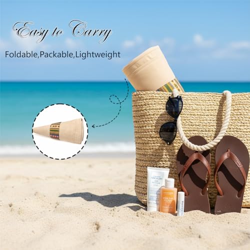 Wide Brim Sun Hat for Women Reversible Beach Hats Metal Wired Edge Gardening Hats, UPF 50+ Bucket Summer Hat - color: Beige Boho-style