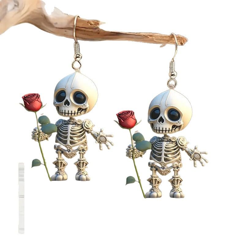 Halloween Skeleton Earrings for Women – Cute Spooky Skull Dangle Earrings with Red Rose, Gothic Creepy Cute Acrylic Statement Jewelry - color: Romantic Skeleton Rose