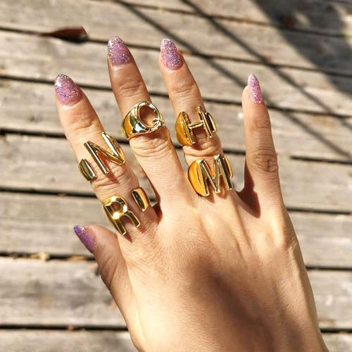 FindChic Customizable Initial Ring Statement 18K Gold Plated Fashion Cuff Rings for Women Alphabet Letter A to Z Resizable Knuckle Ring (with Gift Box) - color: Q