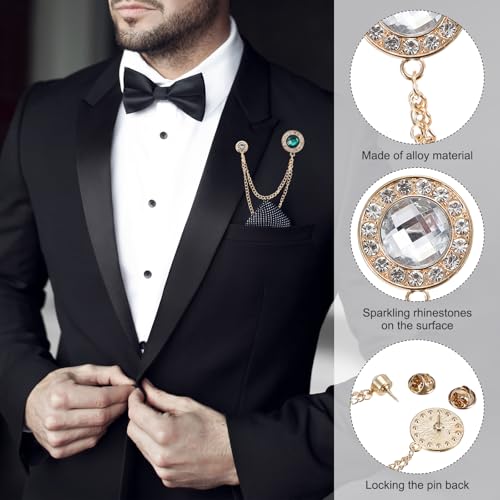PATIKIL Gem Chain Brooch Pins, Hanging Chain Brooch Suit Pin Tassel Chain Round Crystal Badge Lapel Collar Pins for Men Shirts - color: Gold Tone(White)