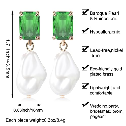 Fashion Pearl Drop Earrings for Women With Crystal - Rhinestone Statement Earrings with Pearl Dangling Studs - Large White Baroque Pearl Earrings for Bridesmaid Wedding Party Birthday Holiday - color: Green
