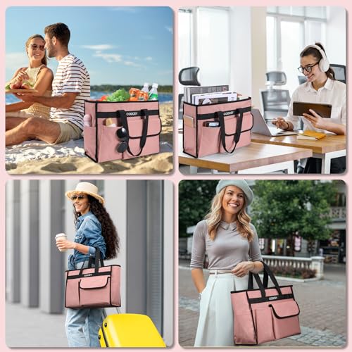 Large Utility Tote Bag with Reinforced Bottom, Waterproof Multi Pockets Beach Tote Bag for Travel, Work, School - color: Pink