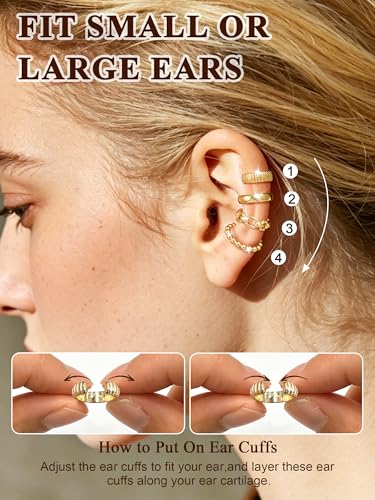 14K Gold/Silver Plated Ear Cuffs Set Dainty Clip Piercing Stack Small Cartilage Hoop Huggie Trendy Tarnish Hypoallergenic Jewelry Gift - style: gold style 15