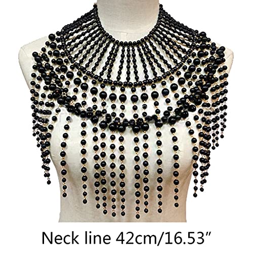 Pearl Shawl Layered Jewelry Shoulder Body Chain Harness Pearl Beaded Necklace Collar - color: Black