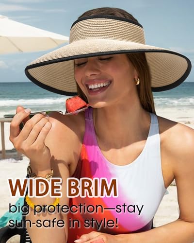 Womens Sun Visor Hats Wide Brim Straw Beach Hat UV Protection Ponytail Packable Beach Vacation Essentials - color: Beige With Black