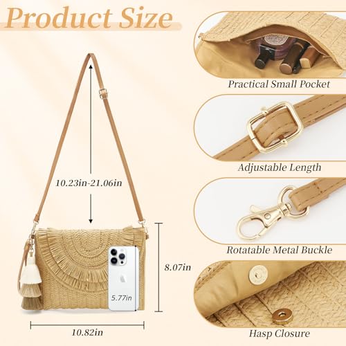 Small Straw Purse for Women Summer Clutch Purses Beach Woven Envelope Bag Raffia Shoulder,Straw Crossbody Bag boho - color: Tassels Brown
