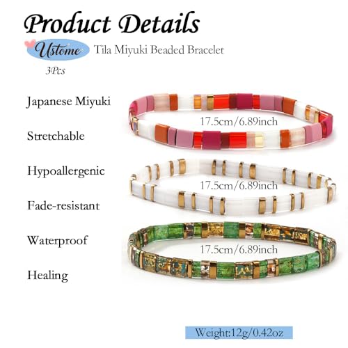 Tila Flat Square Stack Beaded Bracelets Set for Women Men, Boho 3Pcs Romantic Handmade Healing Gold Colorful Stretch Accessories Jewelry, Daily Vacation Party Holiday Friendship Gift - color: Red White Green