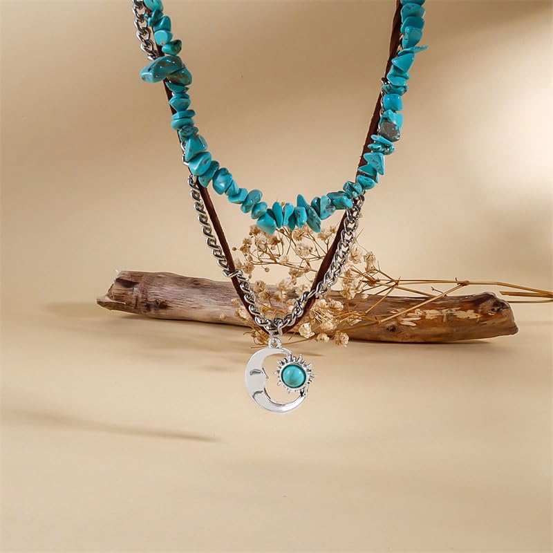 Pingyongchang Boho Layered Western Turquoise Necklaces for Women Vintage Stone Beaded Chokers Butterfly Catus Chain Country Concert Cowgirl Cowboy Jewelry Holiday Gifts - style: C Moon 2