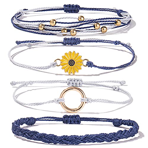 FANCY SHINY Easter Gifts Basket Stuffers Sunflower String Bracelet Boho Braided Rope Wrap Bracelets Cute Summer Beach Surfer Jewelry for Women - color: Navy Blue