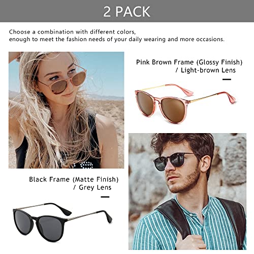 SUNGAIT Premium Vintage Round Sunglasses for Women Men Classic Retro Trendy Style - color: 2 Pack (Polarized): Matte Black/Gray+glossy Pink Brown/Light-brown