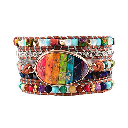YGLINE Boho Handmade Wrap Leather Tube Crystal Stone Bracelet for Women - color: Chakra 3