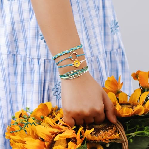 Sunflower Friendship Bracelets Boho Stackable String Bracelets Cute Trendy Gifts for Teen Girls Women - color: Green Blue