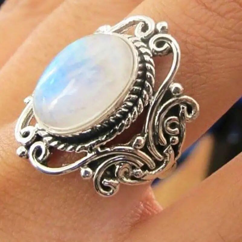 JerMrasra 925 Sterling Silver Vintage Natural Moonstone Rings Antique Boho Ladies Jewelry Elegant Gemstone Wedding Rings Geometric Cut-Out Filigree Women’s Ring Cocktail Party Rings 12 - size: 12