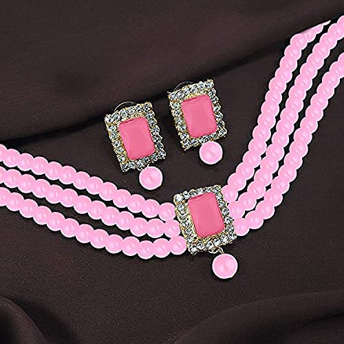 Aheli Ethnic Choker Necklace Earrings Wedding Bollywood Party Jewelry Set Gift for Women - color: Pink