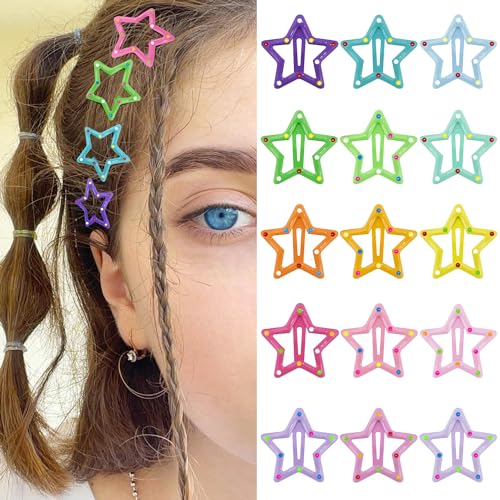 Star Hair Clips Snap Hair Barrettes Non Slip Star Hair Accessories Multiple Colors Metal Hair Clips for Girls Women -15 PCS 1.18" - color: 15 P -1.18"-Spotted color