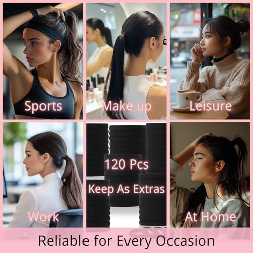 LuSeren 120PCS Black Hair Ties for Thick Hair – Seamless No Damage Elastic Ponytail Holders, Black Hair Band,Bulk Nylon Hair Elastics for Women - color: Black