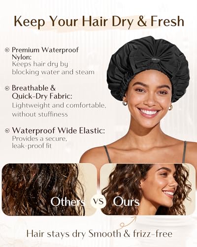 Yanibest Shower Cap Reusable Waterproof, Wide Elastic Band Bath Cap - Comfortable & Durable Bath Hair Hat for Women - color: Black