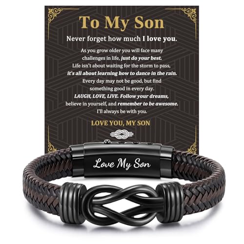 MEALGUET Men's Bracelets Gifts for Men - Brown Braided Leather Infinity Knot Bracelets Engraved Love Massage for Son Man Husband Boyfriend, Mens Bracelet Jewelry Gift for Birthday Valentine's - style: to my son
