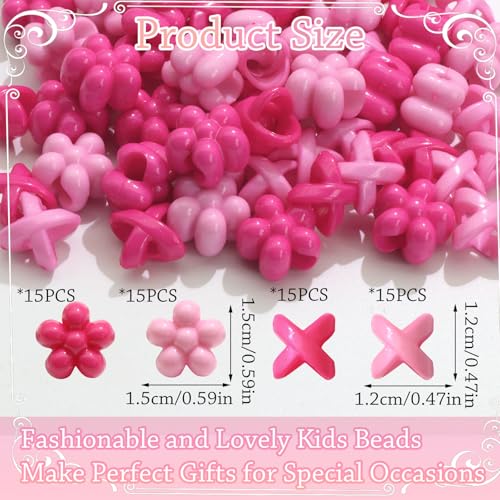 NAISKA 60Pcs Hot Pink Flower Kids Hair Beads Cute Beads for Hair Tiny Hair Beads for Braids Small Pony Dreadlock Beads Loc Beads Acrylic Beads Girls Braid Clips Accessories - color: Pink, Rose Red