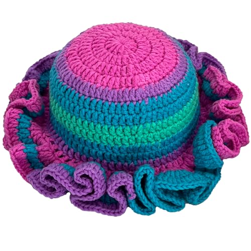 Handmade Crochet Bucket Hat for Women Boho Chic Slouchy Design Colorblock Ruffled Brim Festival&Daily Crochet Hat - color: Dopamine Color