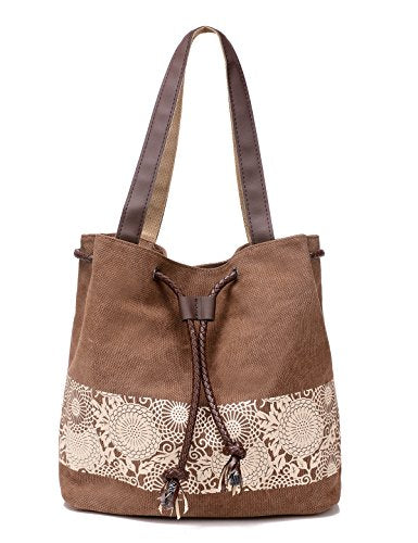 Women Printing Canvas Shoulder Bag Casual Handbags Purse Retro Tote - color: Brown