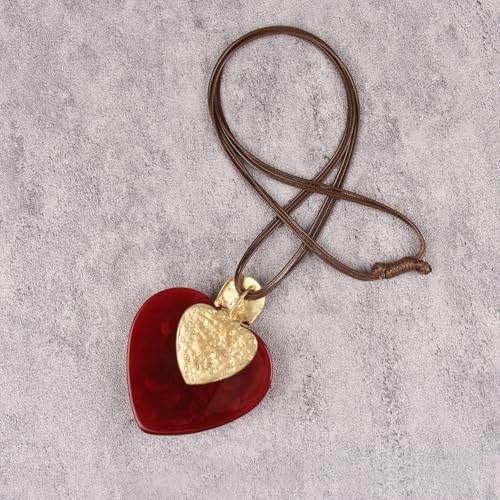 GelConnie Long Necklaces for Women Boho Large Pendant Necklace Casual Bohemian Brown Leather Choker Sweater Circle Statement Stone Necklace - style: Red Heart Gold Necklace