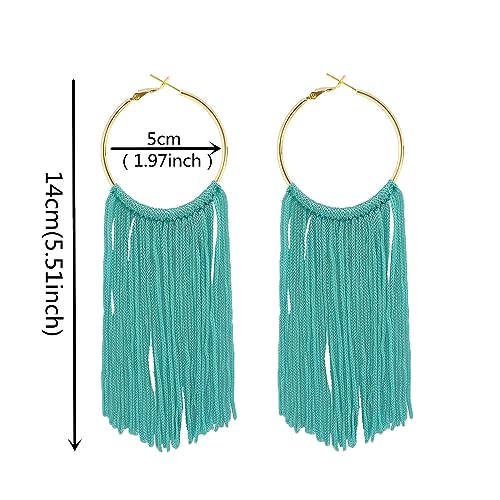 Boho Long Tassel Dangle Earrings for Women Lightweight Circle Hoop Silky Thread Fringe Drop Statemen Earrings - color: blue green