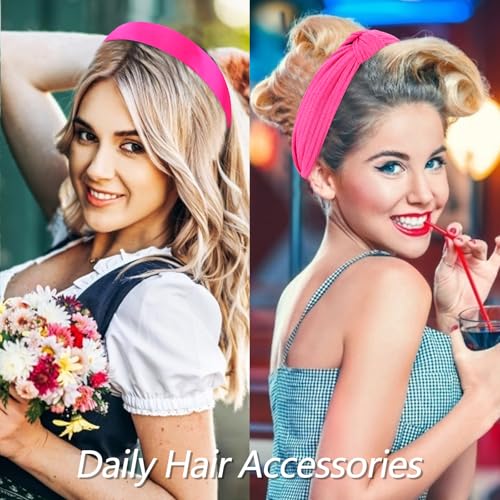 VELSCRUN Headbands for Women 7 Pcs Different Hot Pink Knotted Solid Pearl Head Bands Non Slip Hair Band for Womens Gilrs Thin Thick Short Hair Fashion Accessories - color: Hot Pink