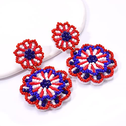 Statement Beaded Drop Earrings for Women Layered Bead Dangle Earrings - color: red blue white