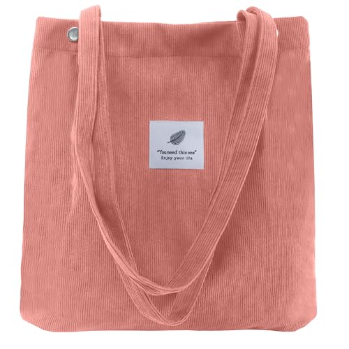 Corduroy Tote Bag for Women Small Canvas Shoulder Purse Cord Handy Bag with Inner Pocket | with Front Pocket - color: 02 Hot Pink
