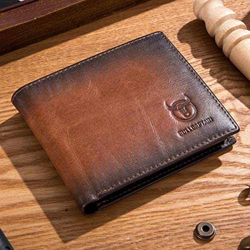 BULLCAPTAIN RFID Wallets for Men,Genuine Leather Wallet QB-05 (Brown) | Slim,Bifold,Front Pocket Wallet, 2 ID Windows,11 Card Slots,RFID Blocking Technology,Gift Choice - color: Brown
