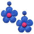 Rattan Earrings for Women Statement Boho Raffia Straw Wrapped Flower Drop Dangle Earrings Summer Tropical Beach Jewelry - color: Royal Blue