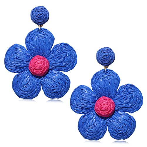 Rattan Earrings for Women Statement Boho Raffia Straw Wrapped Flower Drop Dangle Earrings Summer Tropical Beach Jewelry - color: Royal Blue